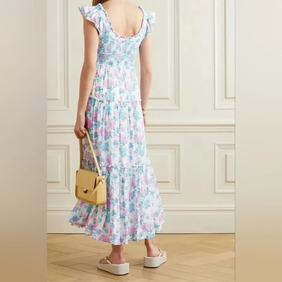 NWT LoveShackFancy Chessie Smocked Floral maxi‎ dress sea orchid S - Picture 3 of 10